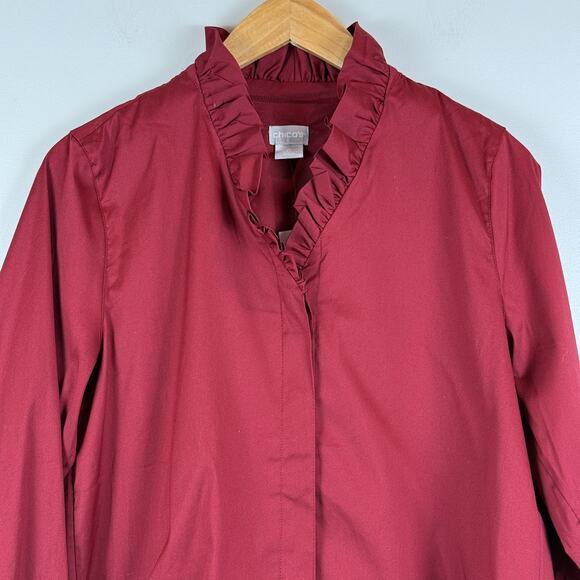 Chico's Top Women 0 US 4 Red Long Sleeve Ruffle Neck Tunic Poplin Button NWT - Picture 2 of 9